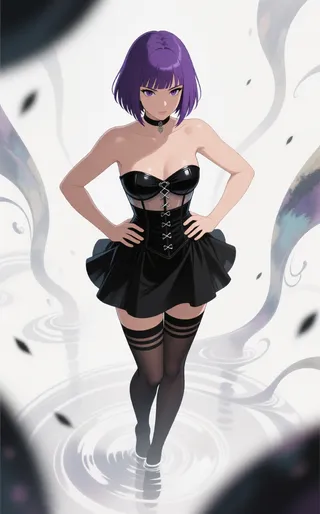 Latin American woman with shoulder-length purple hair and straight bangs wearing a strapless black corset dress and striped stockings, standing confidently with hands on hips against a soft, blurred white and gray background, viewed from above.