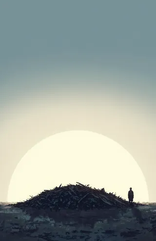 Solitary figure standing near a large pile of ashes with a massive sun setting in the background, creating a melancholic and minimalist atmosphere.