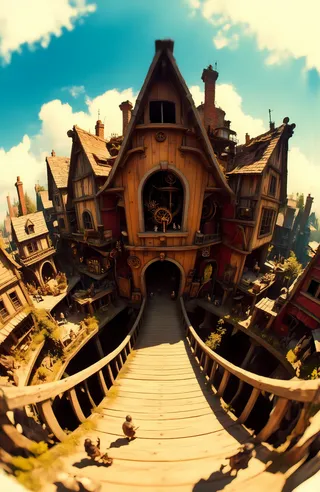 Whimsical steampunk village with steep gabled wooden buildings and mechanical gears, shown in wide curved perspective from a fisheye lens viewpoint.