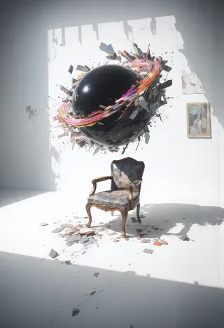 A minimal white studio with an antique chair below a floating black hole-like sphere with an iridescent violet to amber ring and surrounding debris.