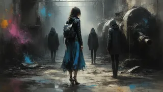 A fragmented woman wearing a black leather jacket and blue silk skirt stands in a dilapidated factory, surrounded by hooded figures and vibrant paint splatters.