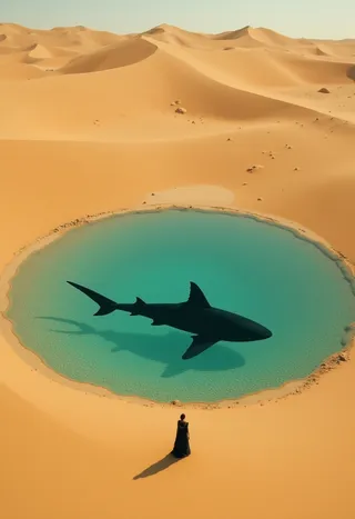 Aerial view of a perfectly circular turquoise oasis lake in golden desert dunes with a large black shark visible beneath the water and a solitary woman in a flowing dark robe standing on the sandy shore.
