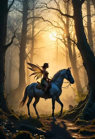 Silhouette of a fairy with translucent wings riding a white horse through an ancient forest at sunset, bathed in golden ethereal light and mist.