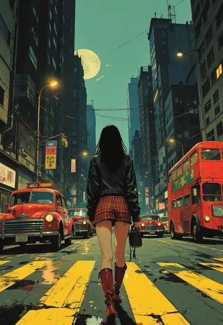 Digital illustration of a stylish woman from behind walking across a worn yellow zebra crossing on a city street at night, surrounded by vintage red double-decker buses and classic cars under a large moon in a dark urban comic book style.