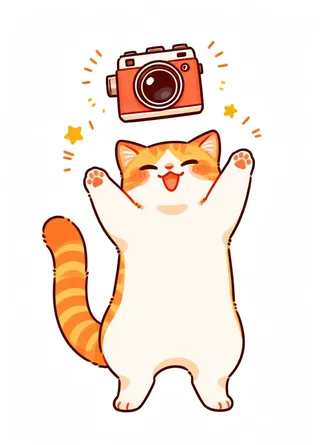 A happy orange tabby cat with raised arms and closed eyes, smiling with blush on cheeks, standing under a floating orange camera and yellow stars on a white background.