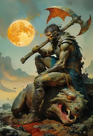 A highly detailed fantasy concept art showing an ancient warrior sitting on a defeated bizarre creature under a glowing full moon, rendered in Moebius art style with dramatic composition and intricate character design.