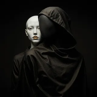 White mannequin with golden lips cuddling a faceless black mannequin draped in soft black linen in a chiaroscuro minimalist style with ultradark soft lighting.
