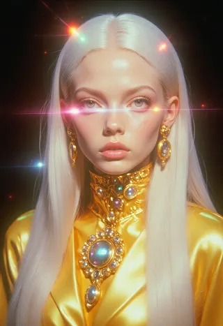 Portrait of an ethereal female with long white hair, shining golden outfit, and jeweled ornaments against a black background with colorful light flares.