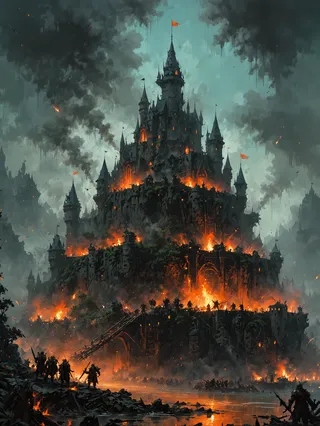 A dark medieval castle under siege at night with knights battling, fire blazing, and smoke rising in an epic battle scene.