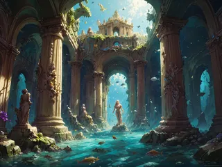 Underwater scene depicting an ancient Atlantis city with towering columns, intricate statues, corals, and various fish swimming in a luminescent blue environment.