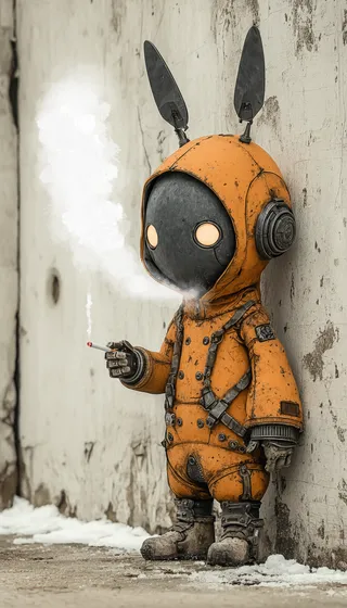 A small robot wearing an orange weathered suit with bunny ears, smoking a cigarette while leaning against a cracked wall in an urban, snowy setting.