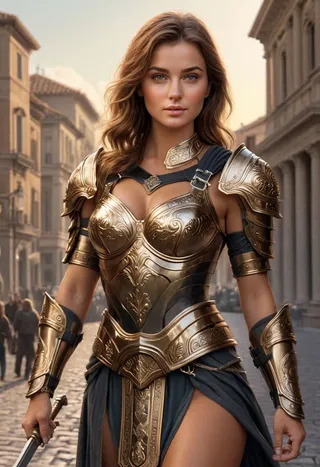 Portrait of a female Roman guardswoman wearing intricate bronze battle armor, standing confidently in a historical city street with Roman-style buildings in the background.