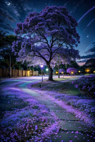 A glowing purple flower tree illuminates a moonlit street with luminescent petals scattered along the curved sidewalk under a starry night sky with fireflies and a crescent moon.
