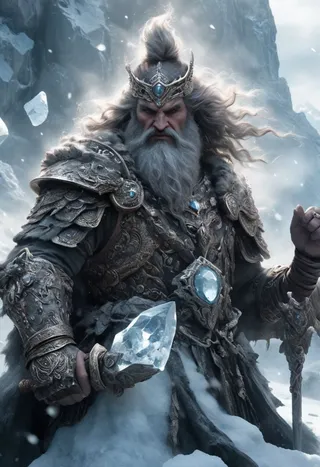 A detailed portrait of a frost god warrior wearing dark HKStyle armor adorned with large glowing blue gems, holding a giant crystal war hammer in a snowy mountain landscape.