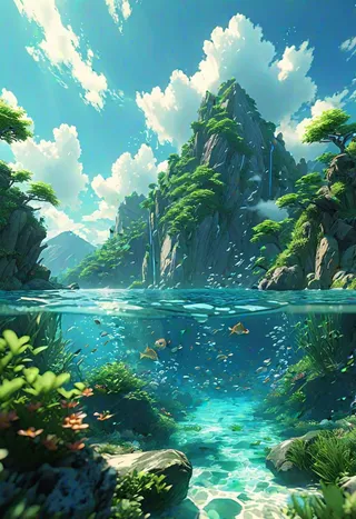 A vibrant anime landscape showing lush greenery-covered mountains under a bright blue sky with clouds, with a split view revealing crystal-clear underwater filled with colorful fish.