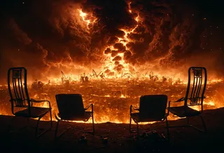 Dark silhouetted chairs arranged in foreground facing a vast apocalyptic fiery landscape with intense flaming smoke and glowing embers under a dark night sky.