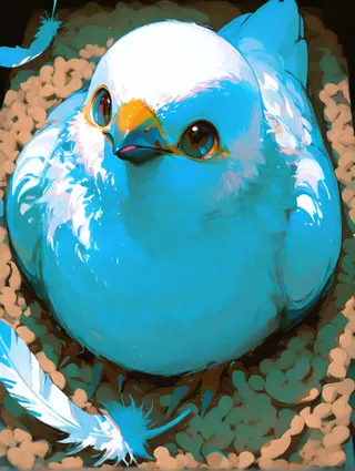 Digital illustration of a fluffy blue pigeon sitting and looking up, with detailed feathers and bright colors.