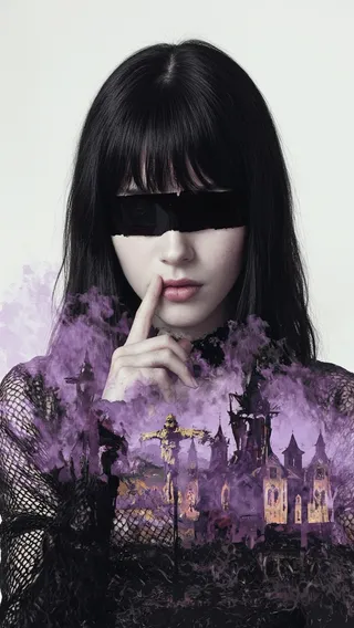 一位黑发哥特女性，眼睛被黑色故障遮挡条覆盖，手指置于嘴边，身穿黑色渔网衫，紫色雾霭环绕，背景有古老黑教堂和稻草人。
