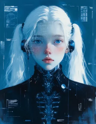 Digital painting of an albino teen cyborg girl with long white twintails and blue eyes, wearing a black tight bodysuit with visible mechanical joints and ribbed chest, surrounded by blue sci-fi technical grids and data labels.