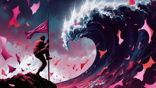Person clinging to a flagpole on a rocky outcrop during an apocalyptic storm with large turbulent tsunami wave and ruffled contrasting shapes in the sky.