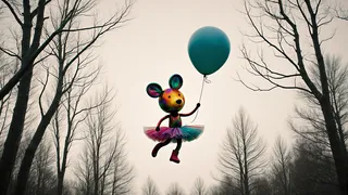 Colorful balloon animal wearing a tutu and boots, floating in the air while holding a blue balloon, surrounded by bare branching trees of a Scandinavian forest on a pale sky.