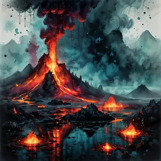 Ink illustration of a dark underwater volcano erupting with molten lava flowing into water, surrounded by volcanic vents and eerie smoke with vivid reflections and ink splatters.