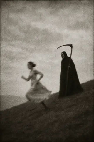 Grainy black-and-white image of a woman running uphill in a blurred motion, chased by a tall Grim Reaper figure with scythe on a bleak, empty hill under an overcast sky.