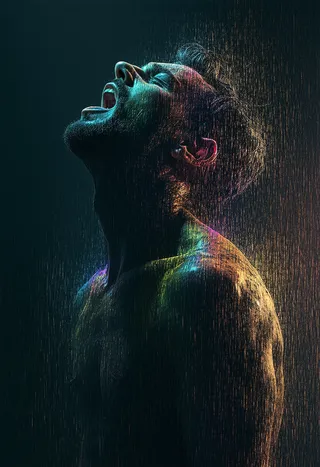 A high-resolution, cinematic image of a screaming man with iridescent skin shifting through multi-colored hues, highlighted by dramatic lighting against a dark background.