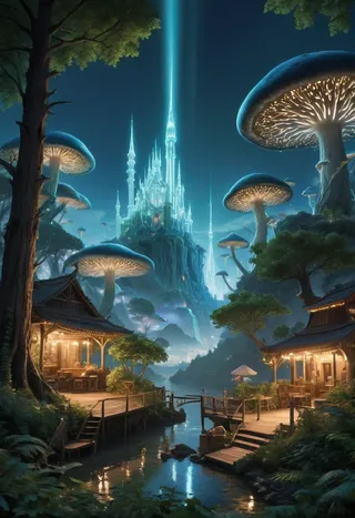 A glowing fantasy castle atop a hill surrounded by an enchanted forest filled with large glowing mushrooms and a serene river with wooden houses illuminated at night.