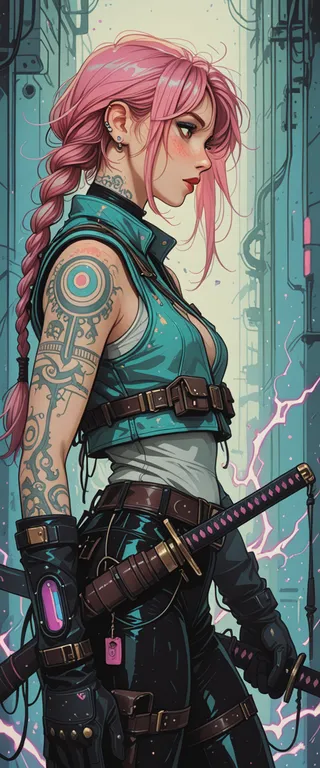 Detailed illustration of a female warrior with long pink braided hair and tattoos, wearing a teal vest and black gloves, holding a katana in a neon green and turquoise cyberpunk environment.