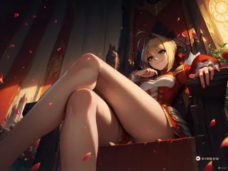Nero Claudius sitting confidently on a throne in a regal castle room, legs crossed, smirking with a cheeky expression, surrounded by falling rose petals.