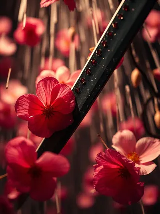 Close-up of a katana blade adorned with red ornamental beads surrounded by vibrant red flowers against a softly blurred field background.