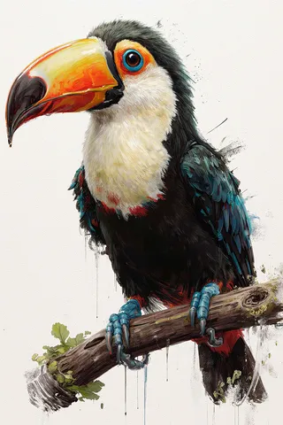 Digital painting of a vibrant fantasy toucan perched on a branch with detailed feathers and bright colorful beak.