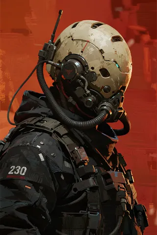 Side profile of a figure in a black tactical suit marked 230 wearing a detailed beige sci-fi helmet with cables and antennas against a red blurred background.