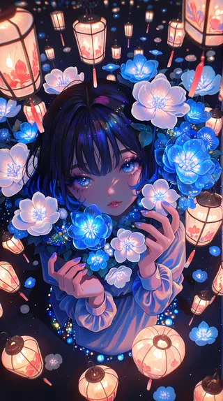 Anime girl with blue hair holding glowing blue and white flowers surrounded by various glowing lanterns in a dreamlike atmosphere.