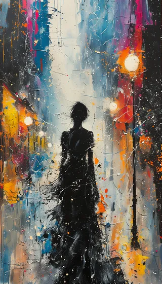 Abstract urban landscape featuring a solitary female silhouette in black, surrounded by vibrant splashes of color and street lamps in a rain-soaked city street.