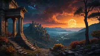 A mystical nighttime landscape featuring ancient ruins, a glowing golden moon, twinkling stars, rugged mountain valleys, and vibrant warm colors.