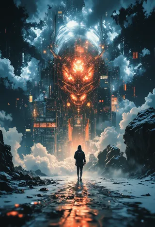 A lone figure stands before a monumental, otherworldly glowing face composed of digital data, shrouded in clouds of fog against a dark, gradient background.