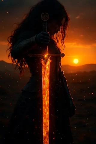 Dramatic silhouette of a warrior woman in medieval armor holding a glowing sword against a fiery orange sunset sky with sparks floating around.