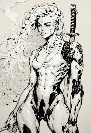 Black and white pencil sketch of a muscular cyborg girl with long flowing hair, holding a katana and smoking a lit cigarette, wearing a leotard and having a robotic arm.