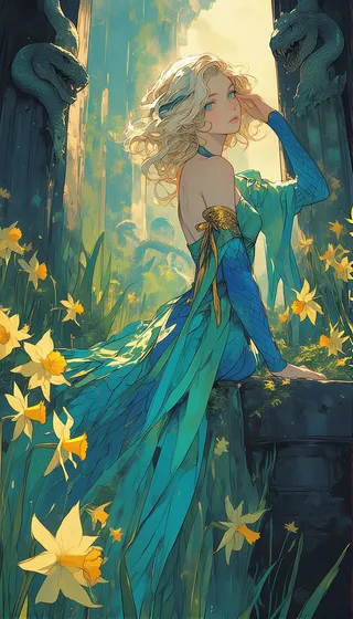 A fair-skinned fantasy woman with flowing blonde hair and turquoise dress adorned with gold accents reclines among overgrown ruins and yellow daffodils under ethereal light.