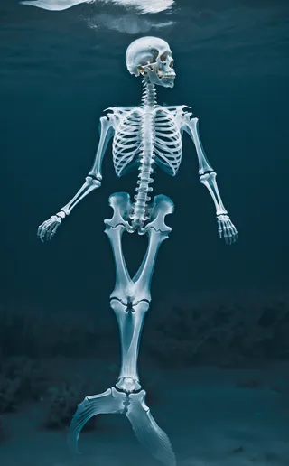 Translucent human skeleton submerged underwater with ethereal blue monochromatic tones and detailed anatomical bones visible, blending realism and abstraction.