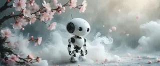 A small robot with smooth, rounded edges and large luminous eyes stands amidst a swirling mist of delicate pink cherry blossoms, illuminated by a single spotlight with ethereal shadows, evoking a serene and melancholic atmosphere.