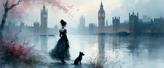 A Victorian-era young woman in a dark flowing dress stands gracefully by the riverside near the misty Houses of Parliament, accompanied by a small terrier dog sitting beside her.