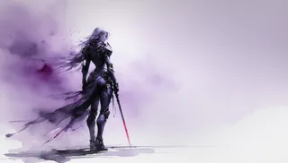 Watercolor painting of a muscular female warrior with pale lavender skin wearing futuristic armor, standing with a sword in a minimalist, ethereal purple background.