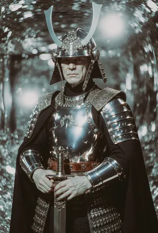A realistic older male samurai warrior wearing polished silver reflective armor and helmet, holding a ceremonial blade with both hands, set against a shimmering reflective background.