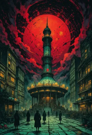 A gothic tower rises centrally beneath a swirling crimson eclipse in a dark cityscape, with silhouettes of mysterious figures standing on cracked cobblestones.