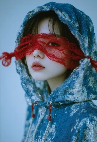 Portrait of a Korean woman wearing a shimmering blue designer outfit with a red translucent lace blindfold covering her eyes, against a minimalist backdrop.