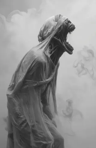 A haunting figure with a distorted screaming face wrapped in a translucent cloth and bandaged head, enveloped in swirling smoke from a left side view.