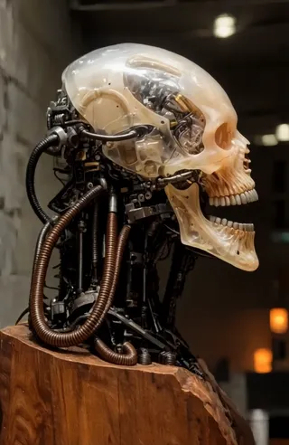 Side profile of a cybernetic skull with a transparent glossy dome encasing its head, exposing intricate mechanical components and brown coiled wires, resting on a wooden base with dim orange-lit background.